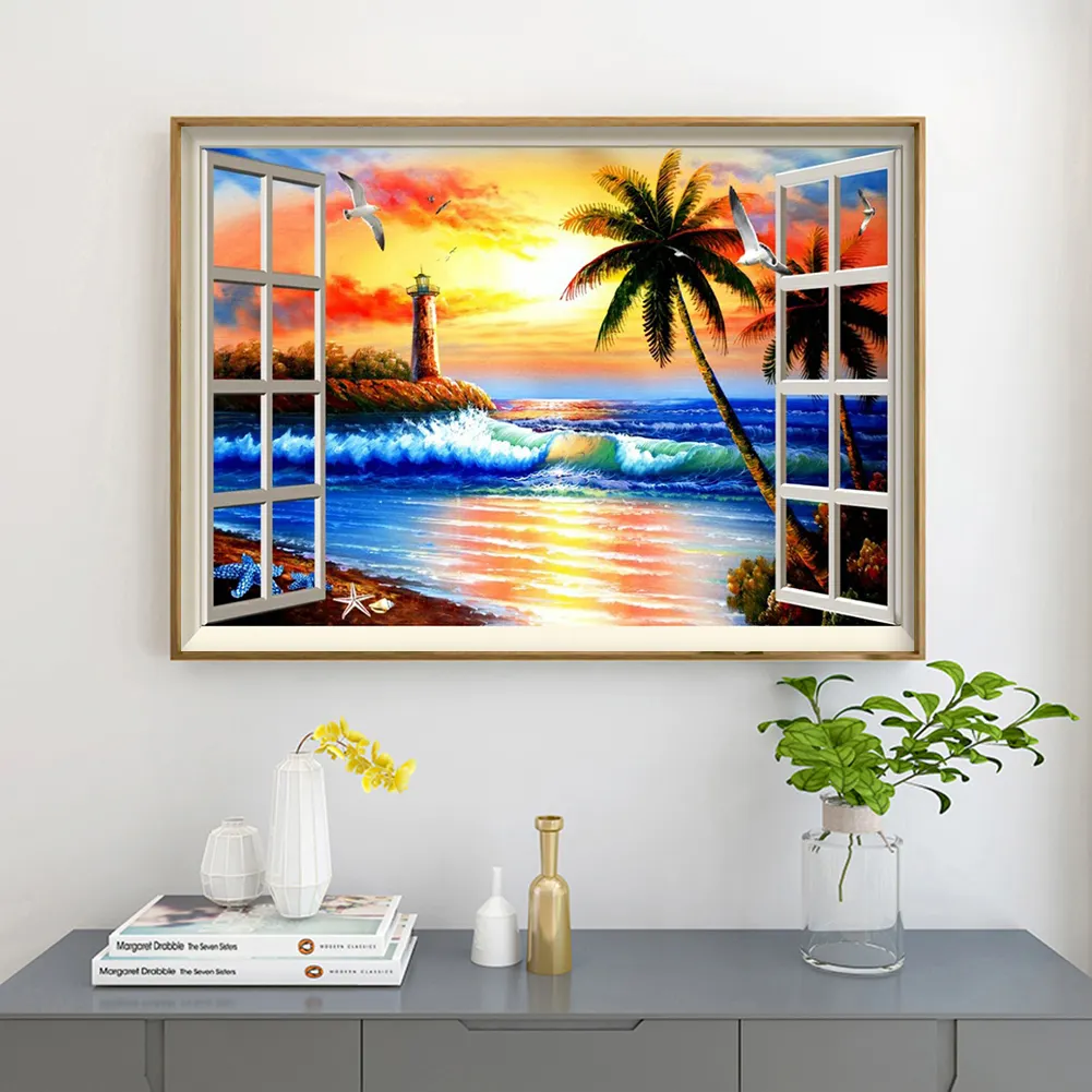 Diamond Painting - Full Round Drill - Sunset Window Beach(40*30cm)