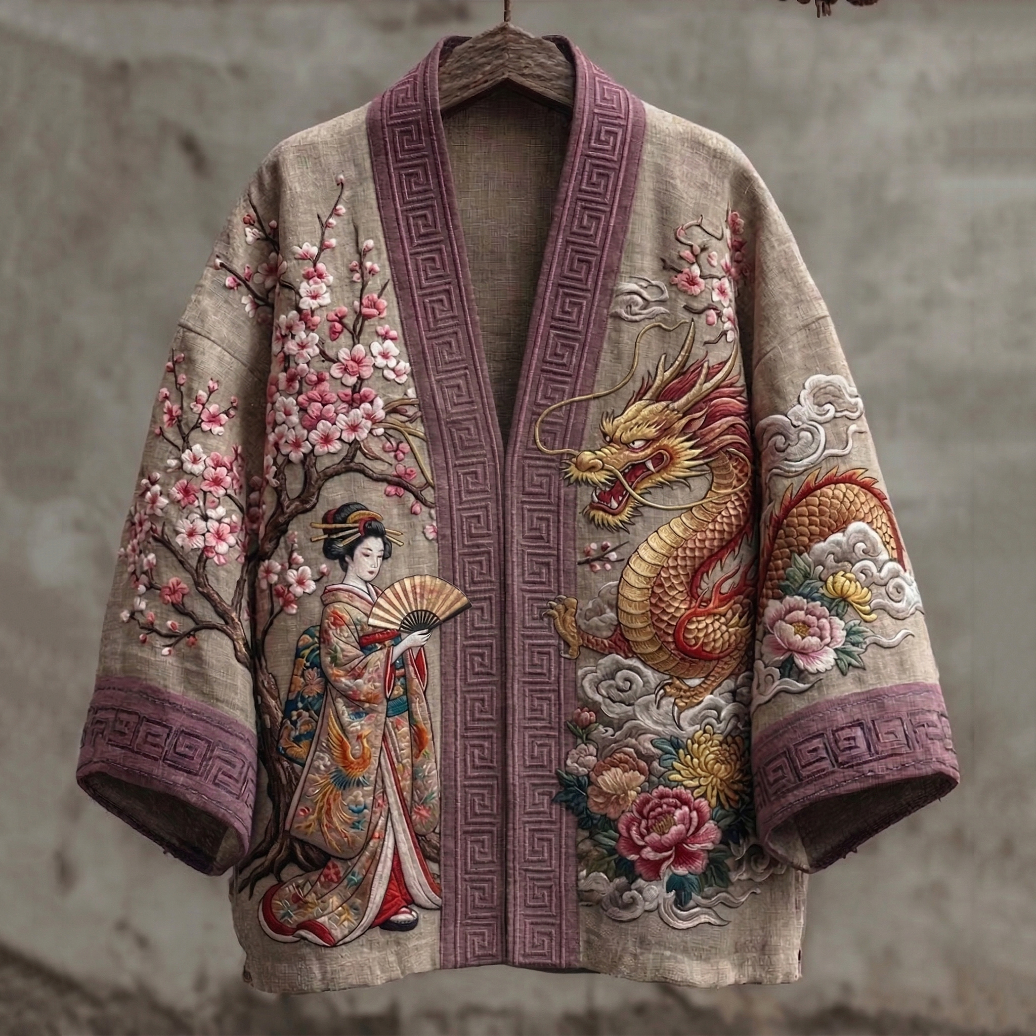 Vintage Elegant Japanese Geisha And Dragon Art Linen Kimono elevenforest