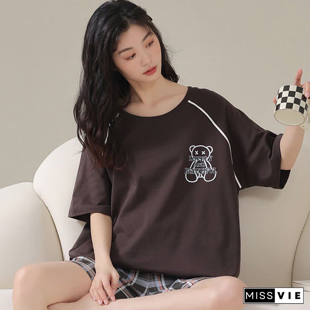 Cartoon Bear Print Summer Cotton Pajamas Set