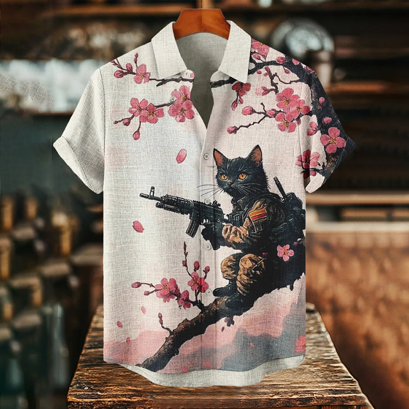 Men's Cats Fighting Under The Flower Tree Retro Nostalgic Print Art Print Casual Shirt  artssus
