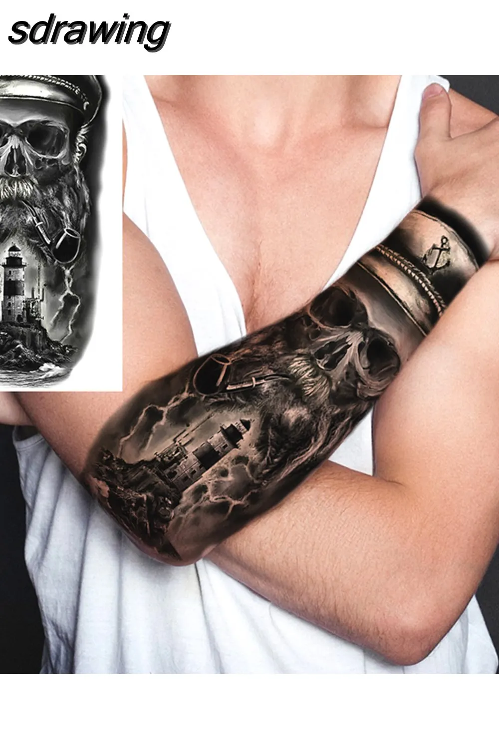 sdrawing Realistic Black Devil Temporary Tattoos For Men Adult Tiger Pirate Skeleton Vampire Fake Tattoo Forearm Scary Tatoo Joker