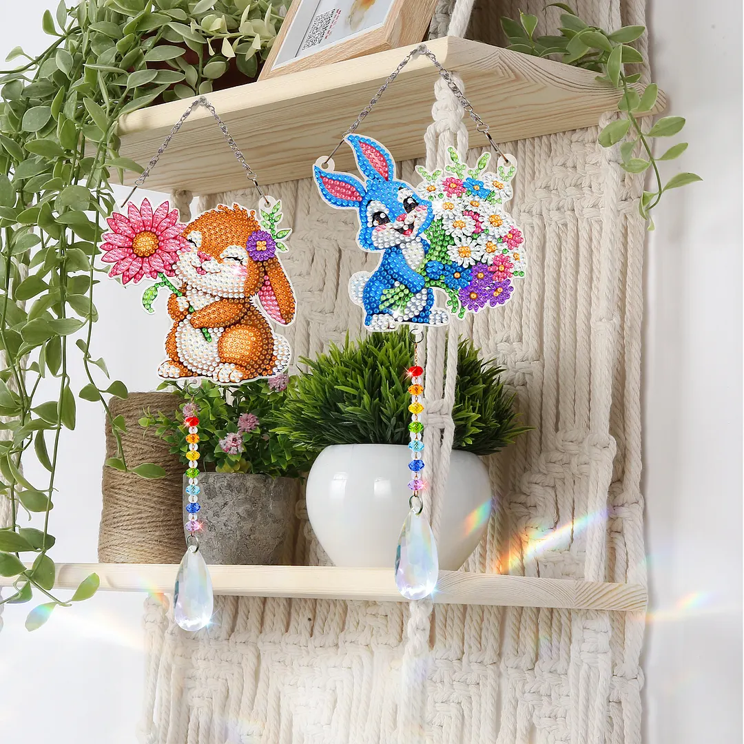 2Pcs Flower Rabbit DIY Double-Sided Diamond Painting Hanging Kits Diamond Painting Suncatcher Craft Kit for Home Garden Wall Decor Gift