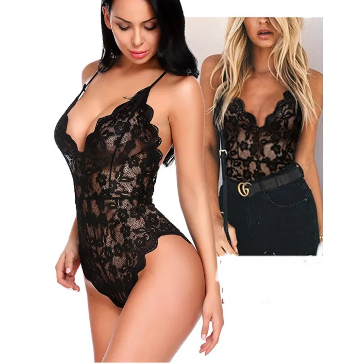 Churchf New Lady Passion Lingerie Lace Hanging Neck Tights Deep V Sexy Lace Conjoined
