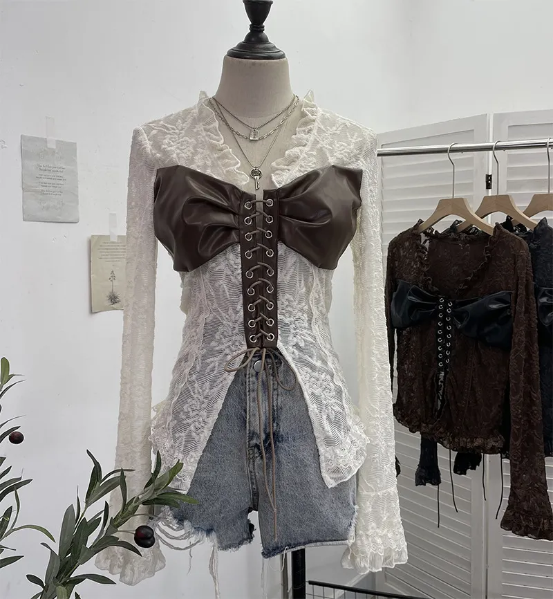 Uveng Real Shooting V Tie With Retro 2024 New Hottie Sexy Lace Splicing Pu Skin Hollow Shirt Top 6108