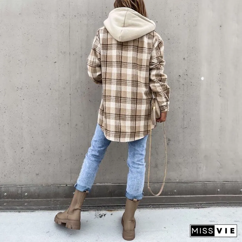 Oversizd Fit Button Up Hoodies Casual Multi Colored Hooded Flannel Shirt