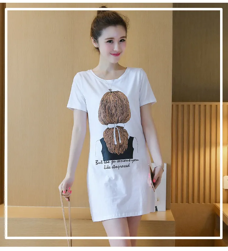 Brownm Brownm Summer New Women's Korean Dress Print Women's Medium Long Short-Sleeved T-Shirt Girl Top Bottom
