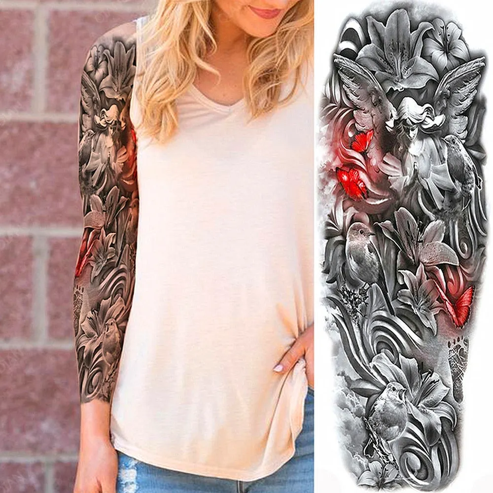 Large Arm Sleeve Tattoo Rose Lion Wolf Waterproof Temporary Tatto Sticker Flower Clock Waist Leg Body Art Full Fake Tatoo Women