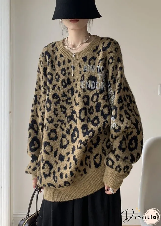 Women Khaki Leopard O Neck Cozy Knit Sweater Winter