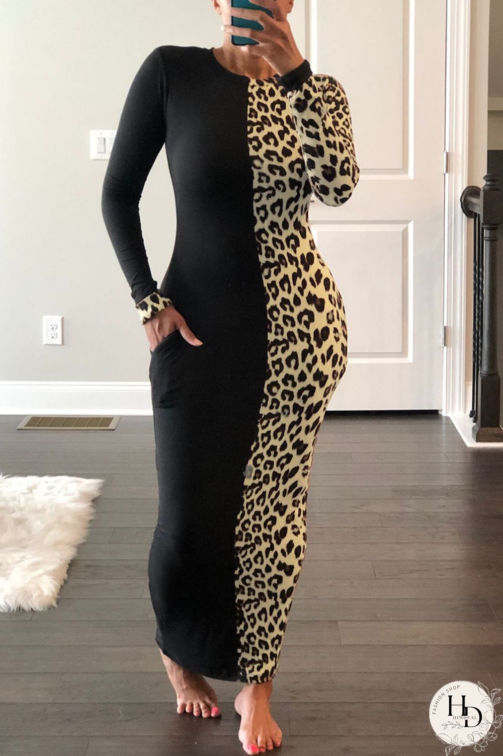 Rose Red Fashion Casual Print Leopard Split Joint O Neck Long Sleeve Dress