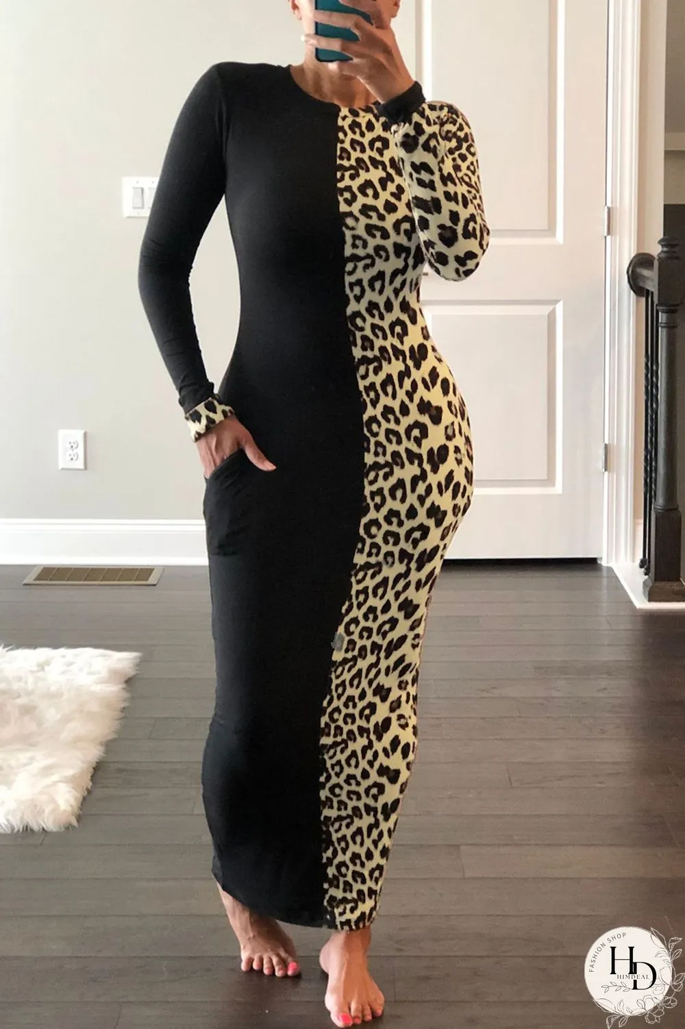Rose Red Fashion Casual Print Leopard Split Joint O Neck Long Sleeve Dress