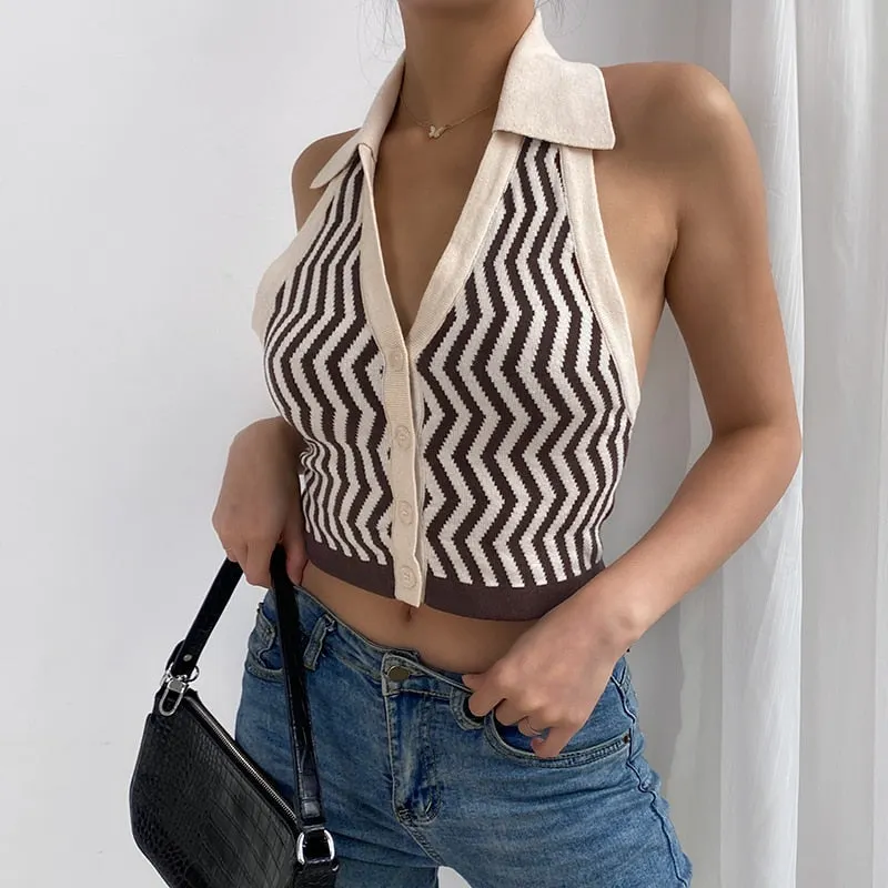 HEYounGIRL Halter Sleeveless Knitted Crop Top Women Sexy Backless Tank Top Autumn Print V Neck Vest Ladies Button Knitwear