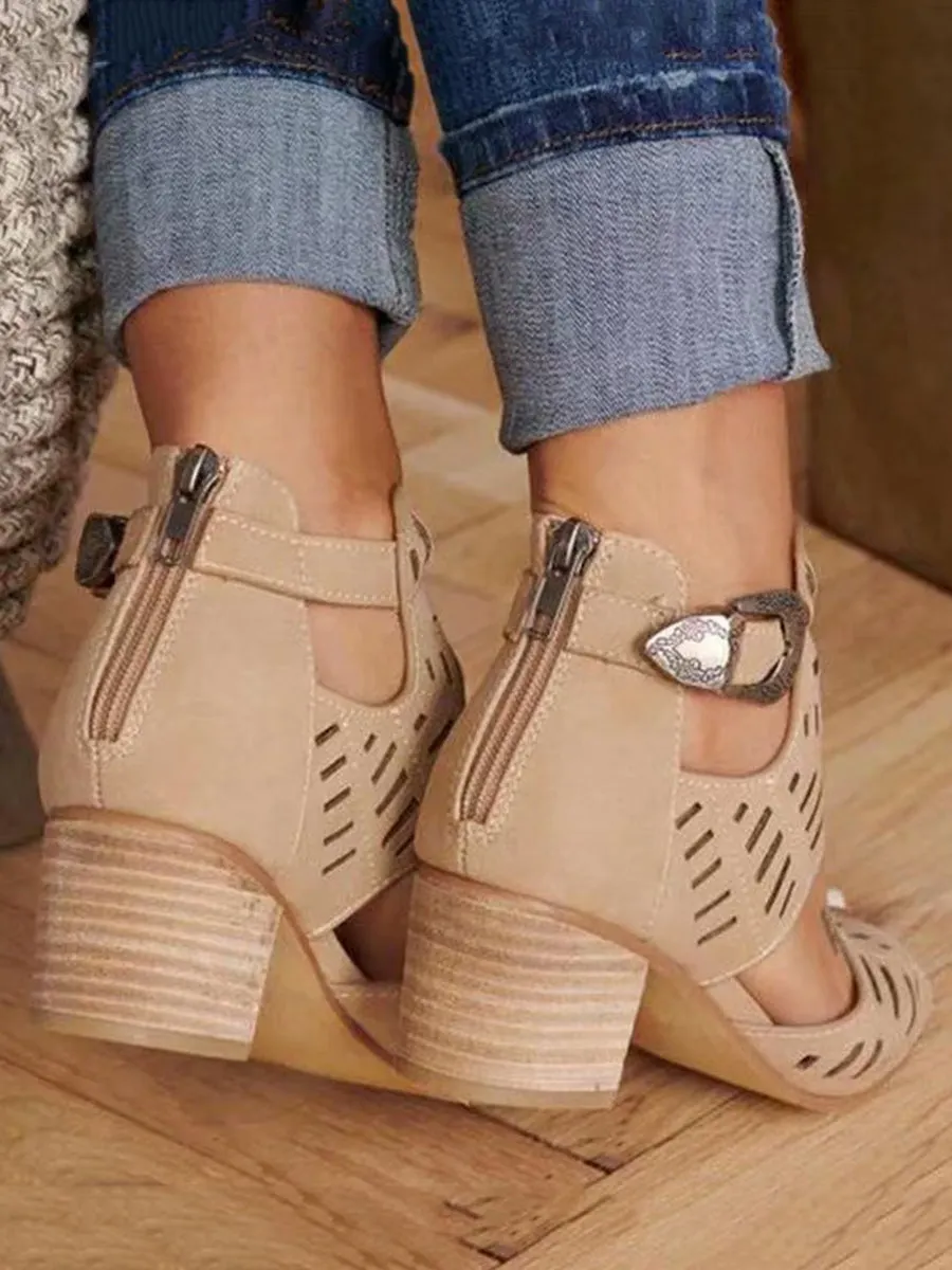 Hollow Out Plain Chunky High Heeled Peep Toe Date Travel Sandals