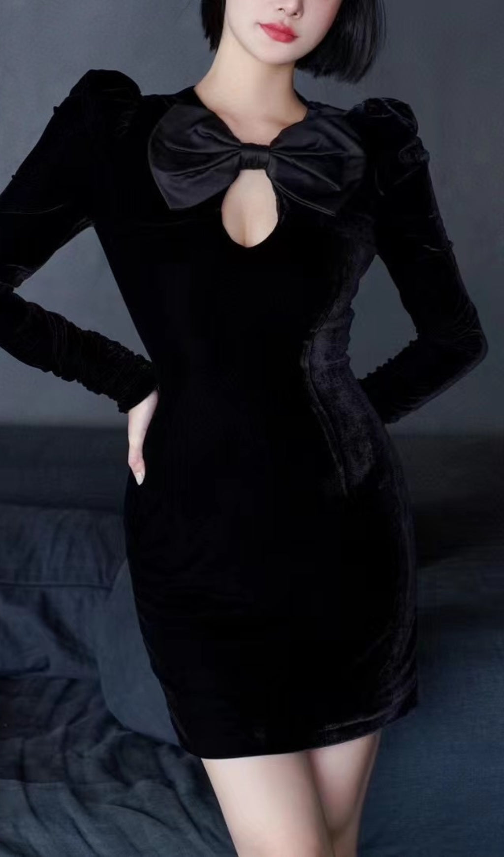 Black Velvet Hollow Bow Long-Sleeve Mini Dress Flowering Girl