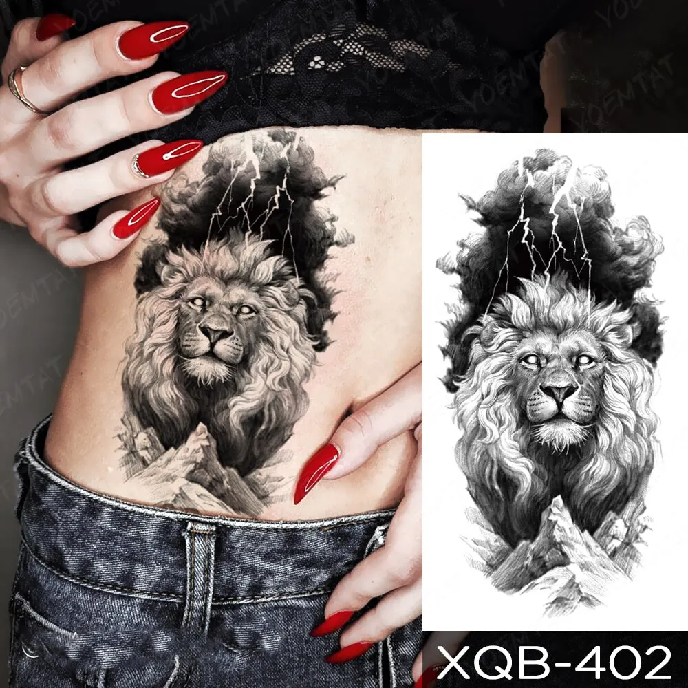 Sdrawing Temporary Tattoo Stickers Fox Lion Tiger Wolf Peony Rose Flowers Leaf Flash Tatto Women Men Body Art Arm Fake Tattoos