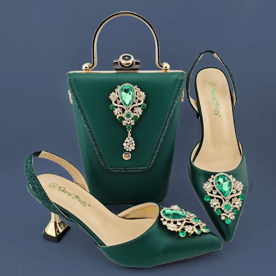 QSGFC 2022 Newest Noble and Elegant Classic vintage rhinestone accessories Ladies Shoes and Bag Set in Gold Color