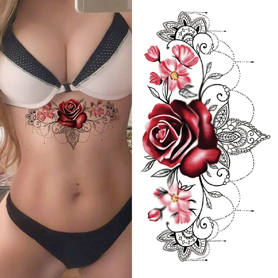 Realistic Fake Peony Temporary Tattoos For Women Girl Black Rose Elephant Flower Tattoo Sticker Tiger Anemone Tatoos Half Sleeve 515-1