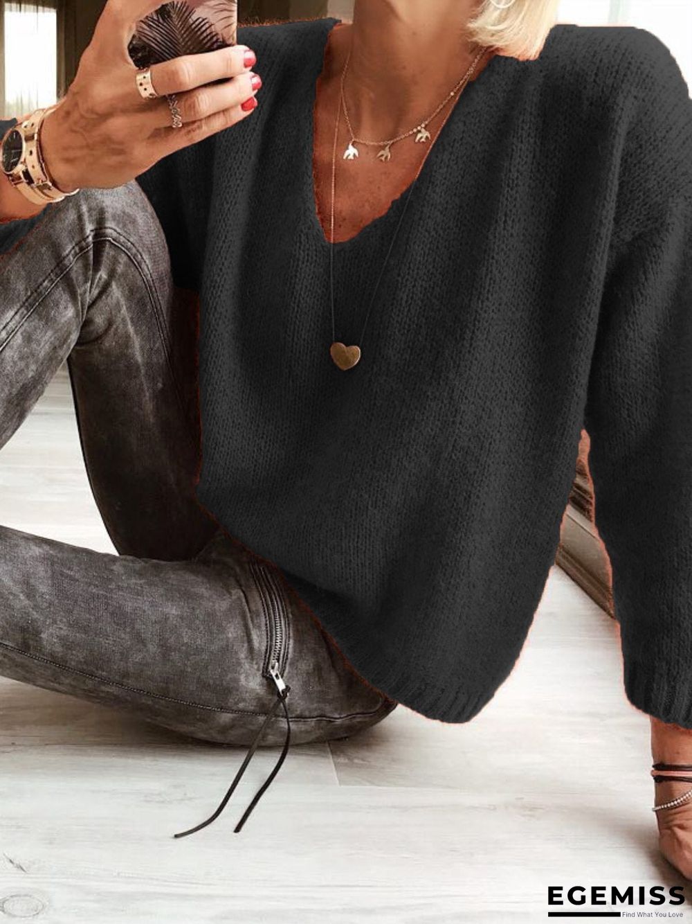 Woman Wool blend Casual V Neck Plain Sweater | EGEMISS