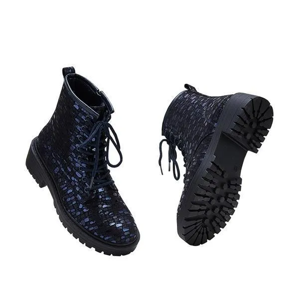 Women Sexy Sequin Lace-Up Ankle Chunky Heel Boots