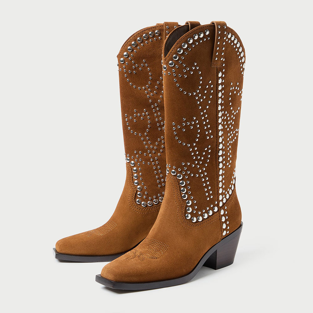 Brown Faux Suede Sophisticated Wide Calf Studded Knee High Cowgirl Boots