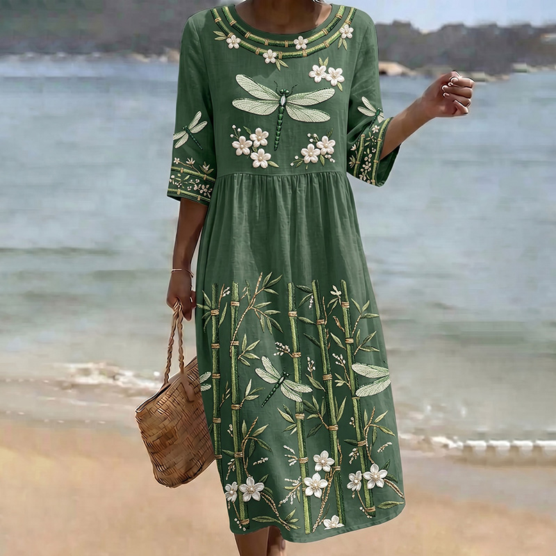 Comstylish Women's Dragonfly And Bamboo Art Pattern Crew Neck Linen Blend Midi Dress