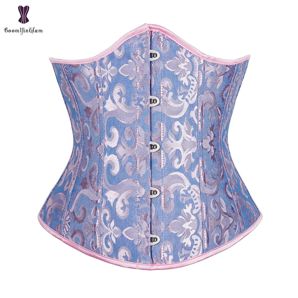 Jacquard Floral Underbust Corset Pink Blue Black White Coffee Lace Up Boned Waist Cincher Shaper Outfit