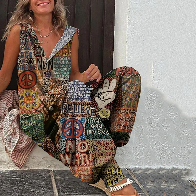 Vintage Hippie Vibe Peace And Love No War Pattern Linen Blend Single-breasted Sleeveless Hooded Jumpsuit artswardrobe