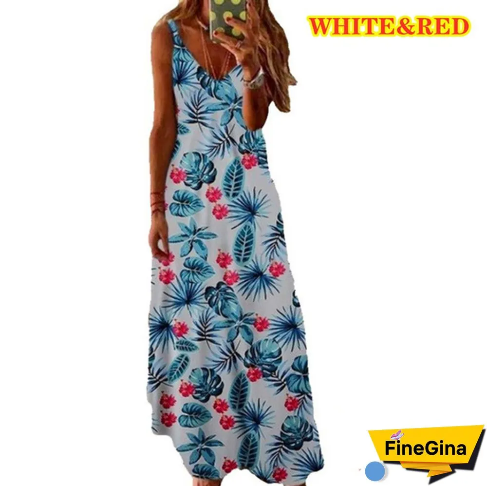 S-8XL Plus Size Vrouwen Maxi Jurk Zomer Casual Sexy Boho Gedrukt Lange Jurk Mouwloze V-hals Kleding Jurk Losse Vestido