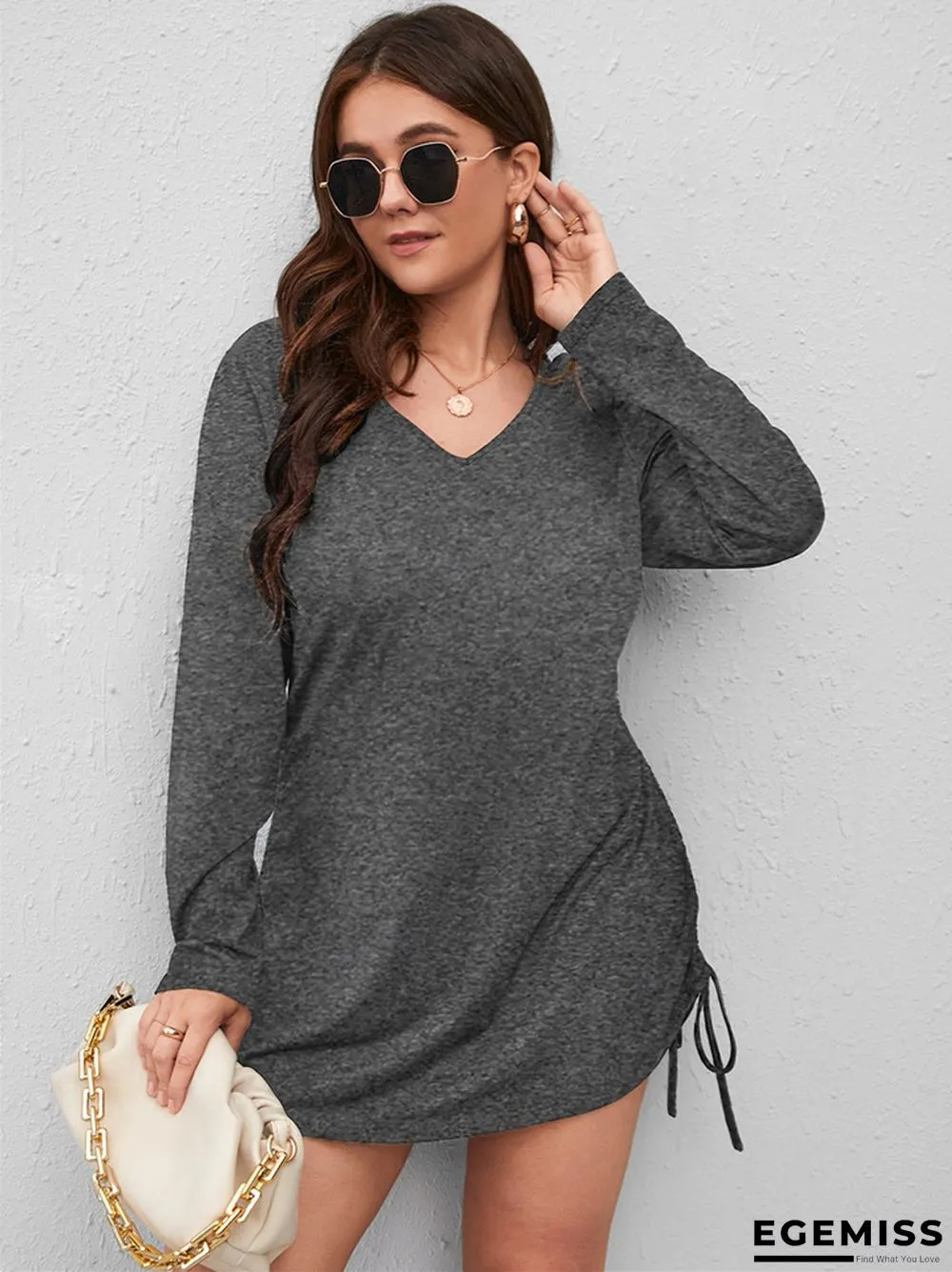 Large Dress Side Drawstring Long Sleeve V-neck Skirt | EGEMISS