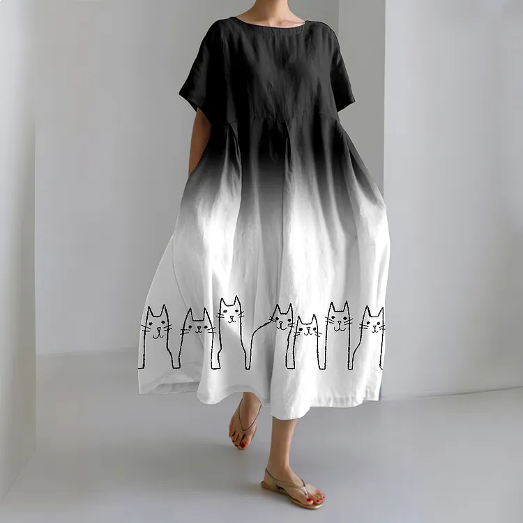 Women's Abstract Line Cat Gradient Art Linen Blend Maxi Dress