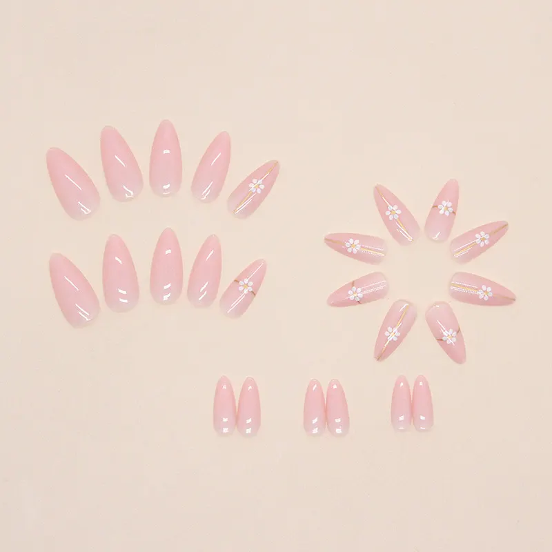 Churchf Churchf Pure Desire Gold Line Floret Nail Round Head Almond Nail Girl Powder Sweet Fake Nail 24 Pieces Of Practice Nail
