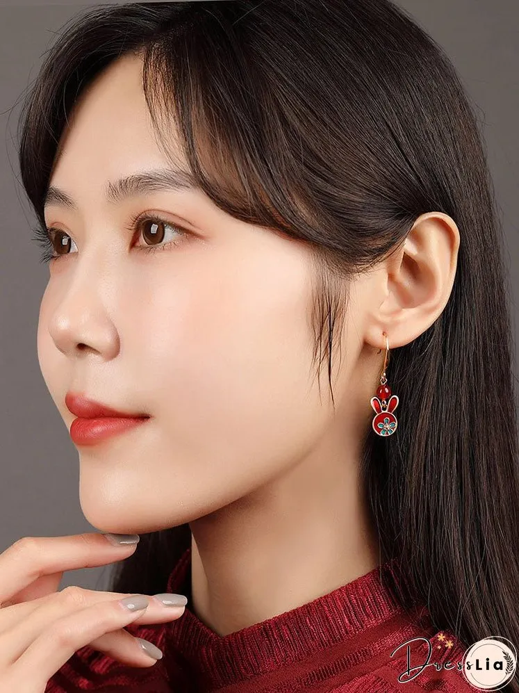 Red earrings antique rabbit earrings with cheongsam retro sterling silver ethnic earrings