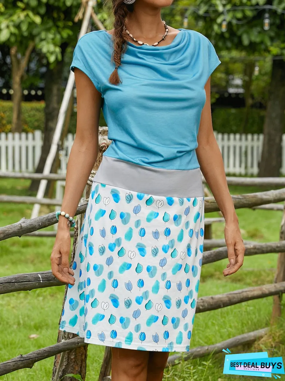 Crew Neck Short Sleeve Floral Cotton-Blend Knitting Dress