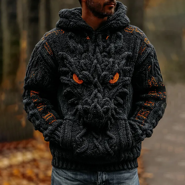 Men's Viking Celtic Evil Dragon Pattern Art Knitted Hooded