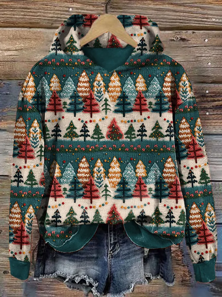 3d Knitting Art Christmas Tree Pattern Cozy Hoodie