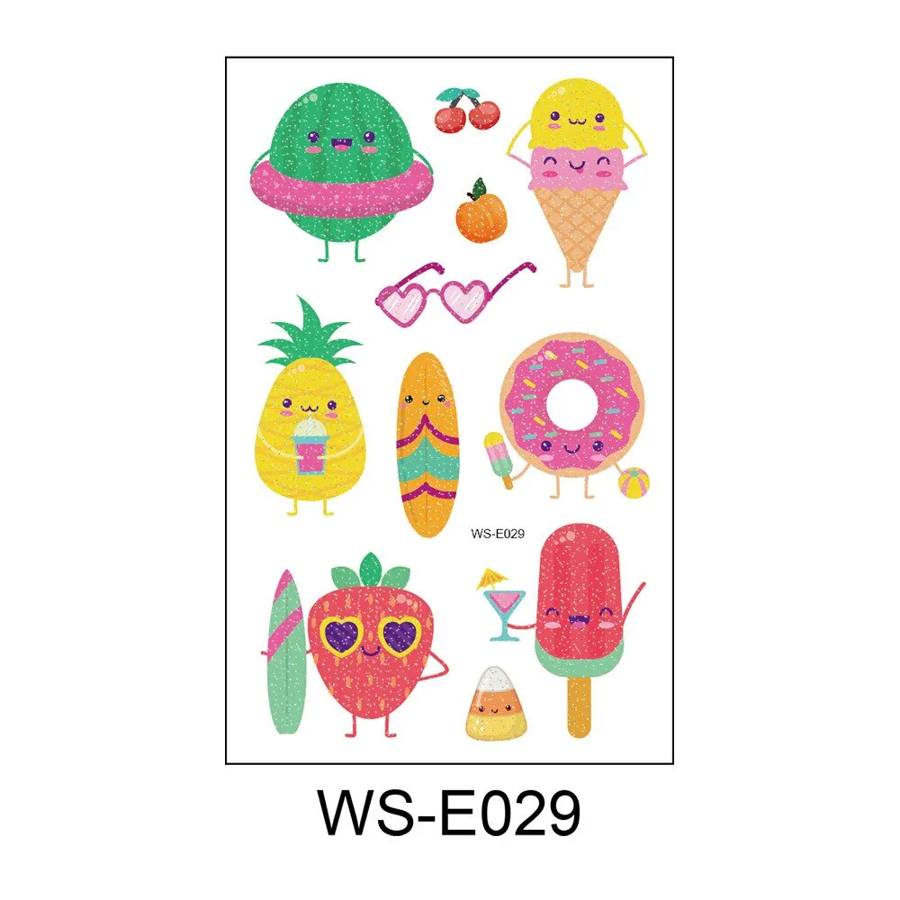 10 Kinds Glitter Powder Children Tattoo Cartoon Fruits Cute Makeup Temporary Body Arm Stickers Disposable Tatouage Temporaire