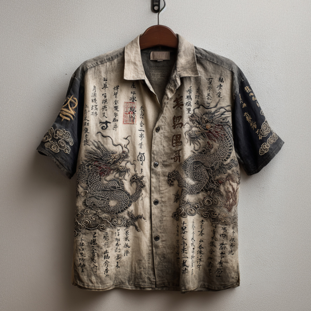 Vintage Japanese Style Indigo-dyed Dragon Pattern Art Wash Short Sleeve Shirt elevenforest