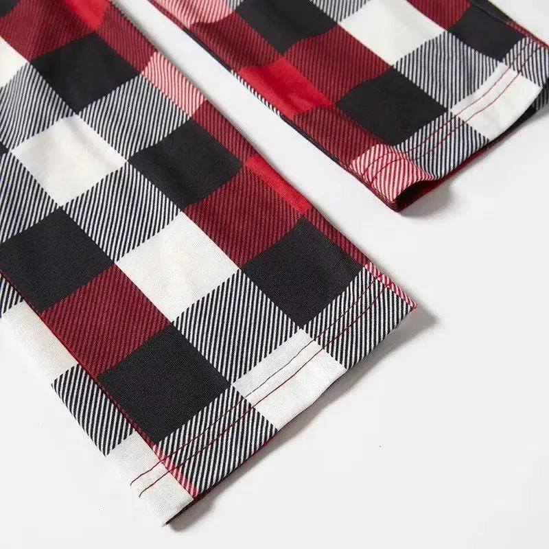 Christmas Cartoon Face Prints Red & Black & Grey & White Plaid Family Matching Pajamas