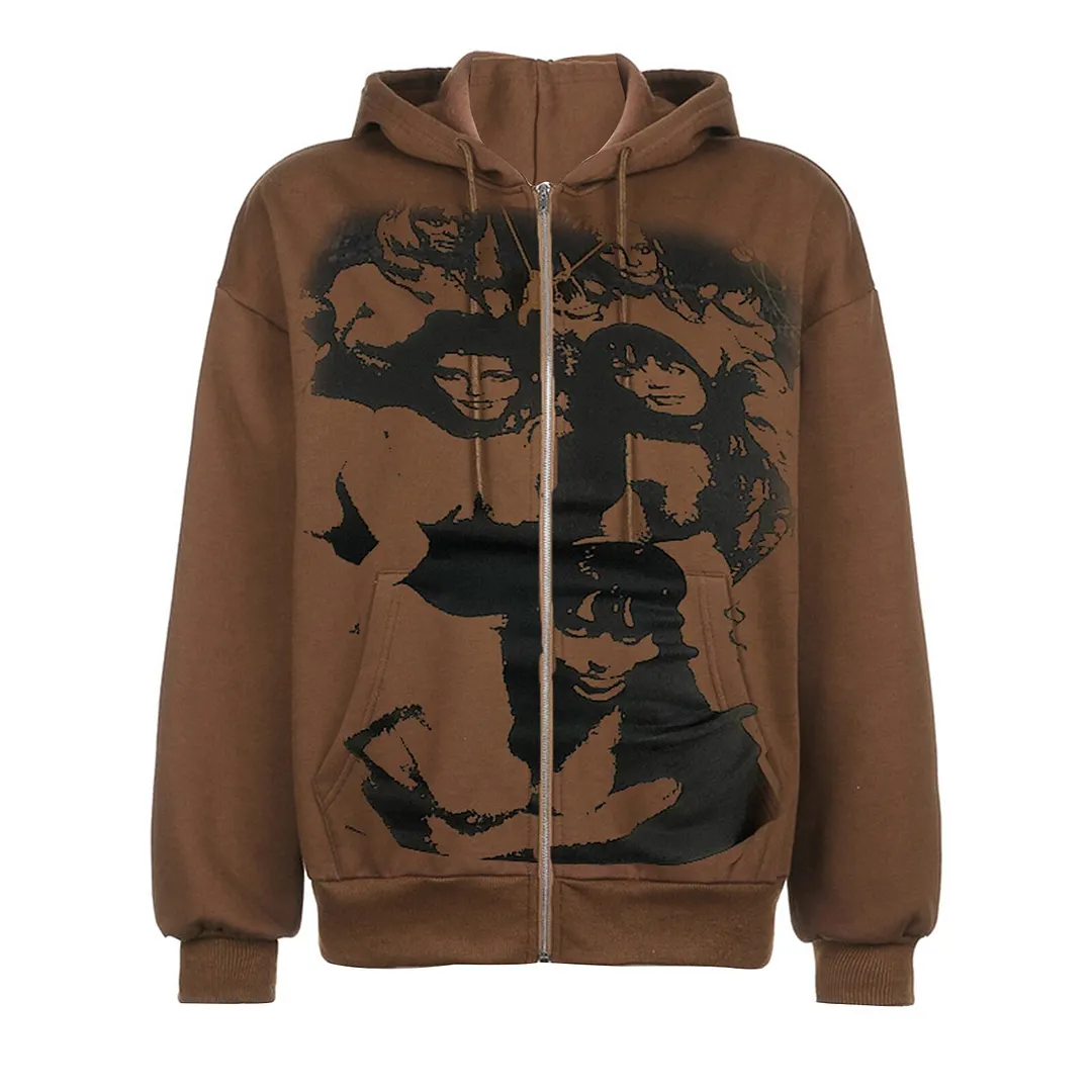Gothic Hooded Jacket Portrait Demon Print Long Sleeve Zip-up Top Coat Streetwear with Pockets Y2K Hip Hop Men Women Sweatshirt