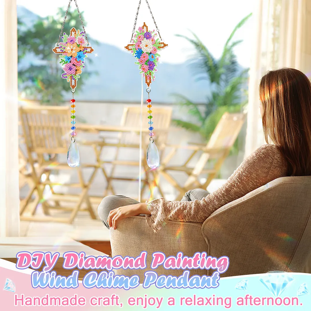 2Pcs Flower Cross DIY Acrylic Diamond Painting Art Wind Chimes with Crystal Pendant Diamond Art Hanging Pendant Double-Sided for Adults Beginners Gift Home Garden Decor