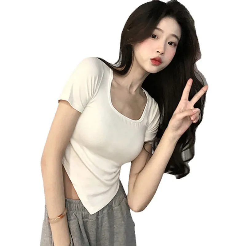 Uveng Uveng Girl Square Collar Short Sleeve Women's Summer 2024 New Thin Slim Casual Top Irregular Trendy Ins Girls T-Shirt