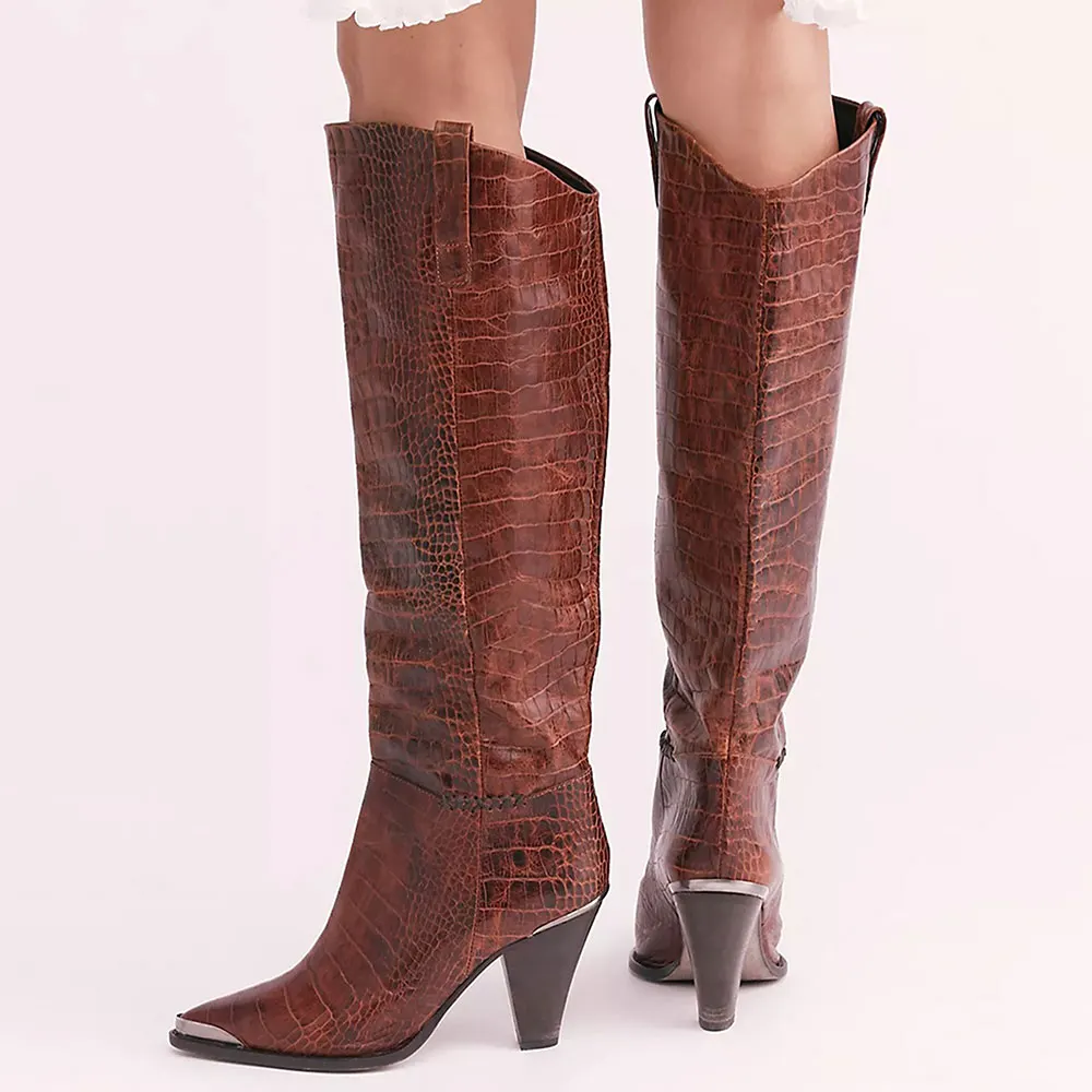 Brown Pointed Toe Cone Heel Croc Embossed Over the Knee Boots