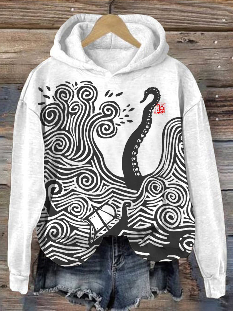 Octopus Japanese Lino Art Graphic Comfy Hoodie