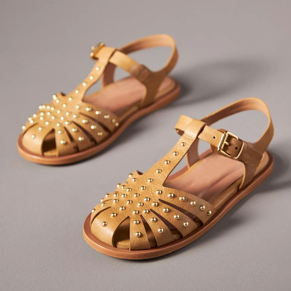 Brown Vegan Leather Round Toe Flat Buckle T-Strap Studded Sandals