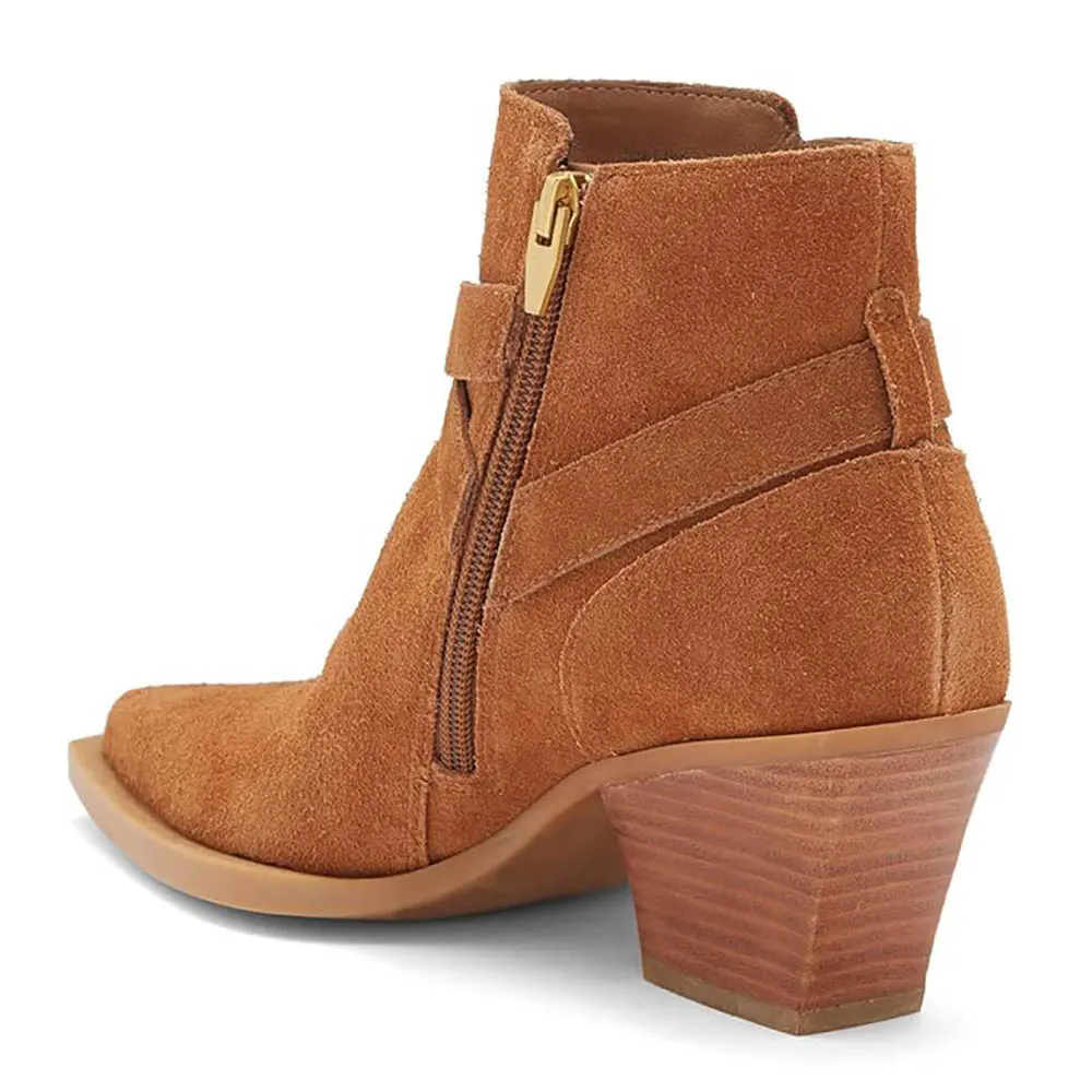Tan Vegan Suede Pointed Toe Buckle Strap Stacked Heel Ankle Boots
