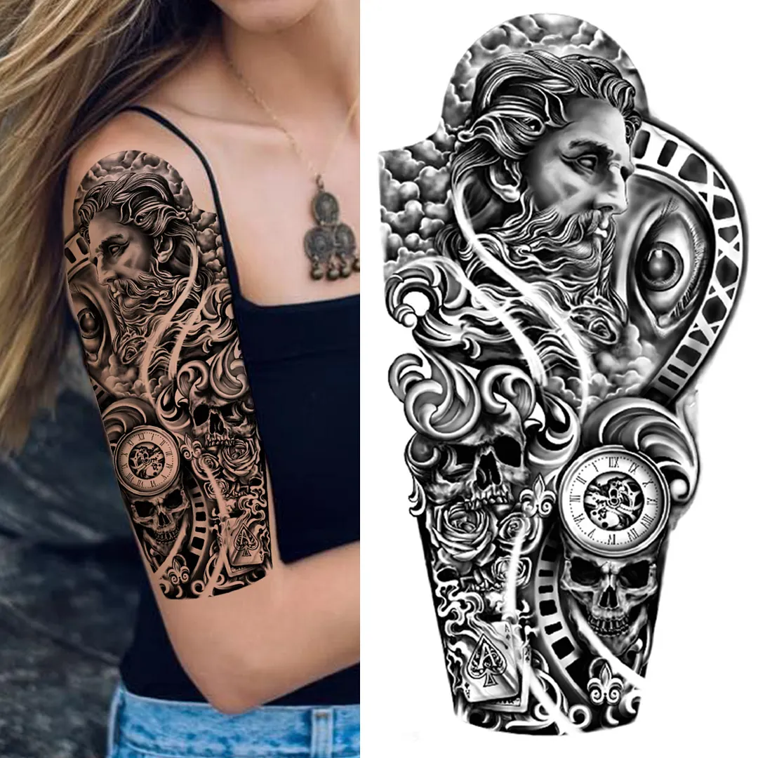 Sdrawing Lion Flower Temporary Tattoos For Women Men Kids Boy Black Tiger Skeleton Tattoo Sticker Fake Compass Tatoos Half Sleeve