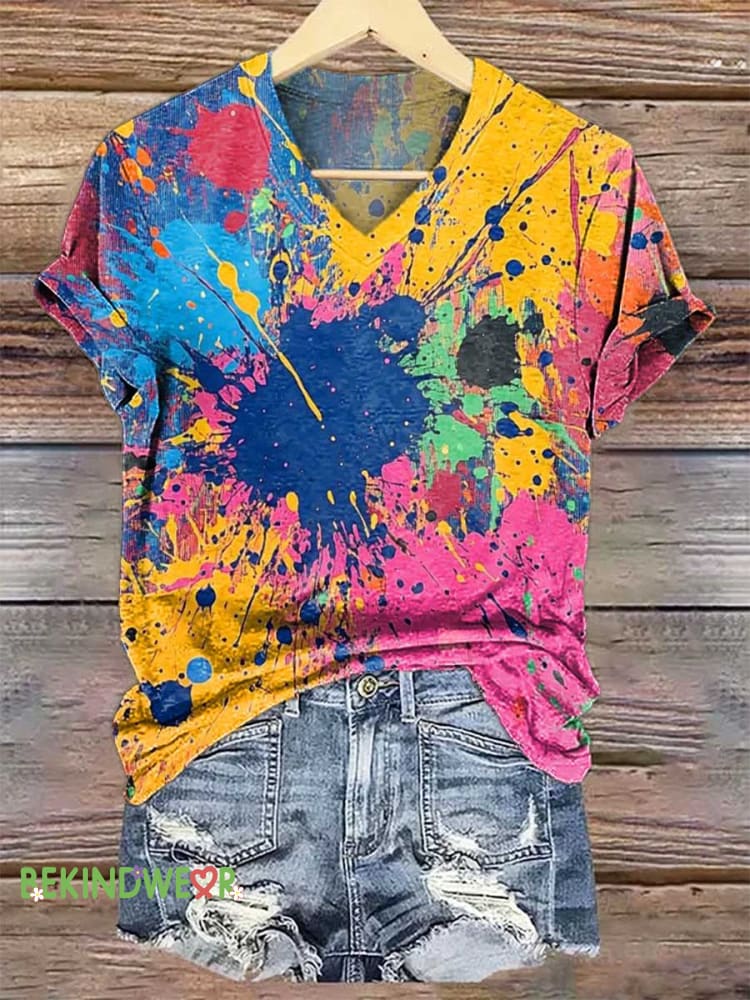 Women&rsquo;s Colorful Pigment V-neck Casual T-Shirt Multicolor / S