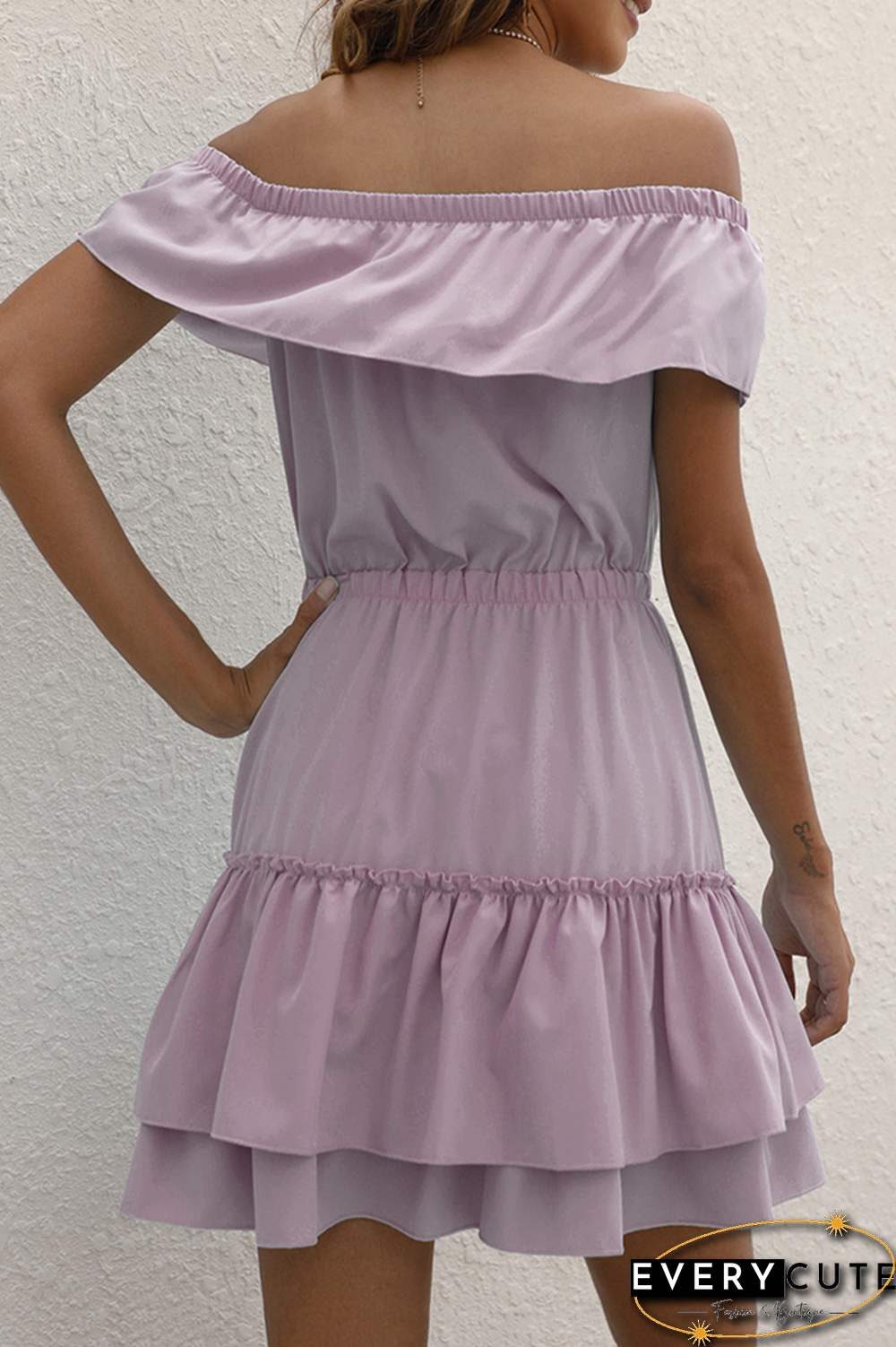 Casual Solid Split Joint Flounce Off the Shoulder Waist Skirt Dresses