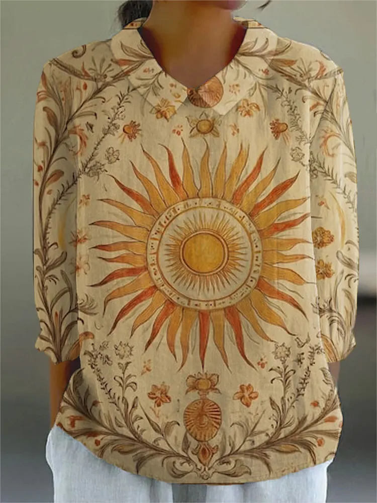 Women's Boho Vintage  Art Print Casual Cotton And Linen 3/4 Sleeve Shirt