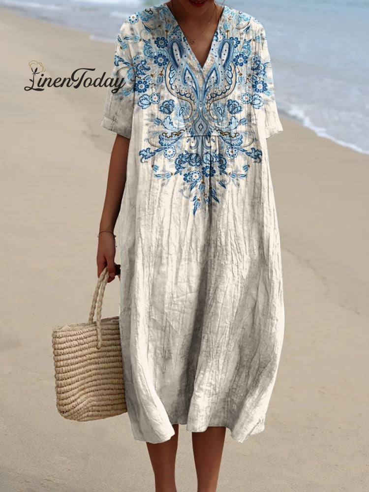 Women&rsquo;s Blue Ethnic Pattern Print Flowy Dress Multicolor / S