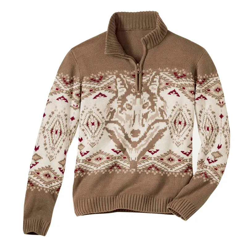 Vintage Wolf King Knit Jacquard Icelandic Half Zip Collar Sweater